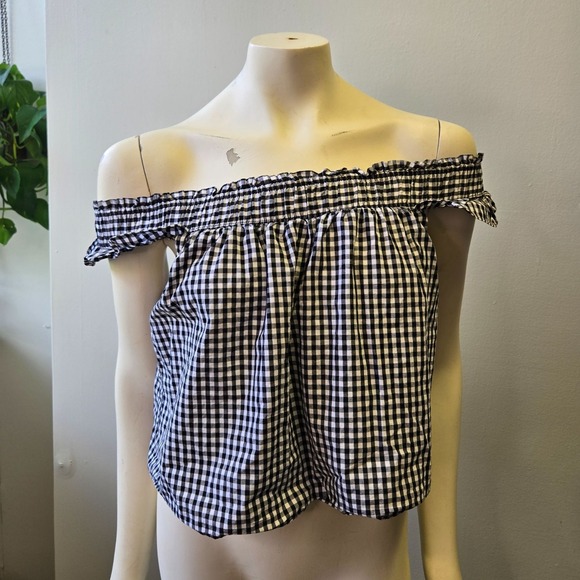 Guess Tops - Guess Gingham Off-Shoulder Blouse Black & White Plaid Top Cottage Peasant Prairi